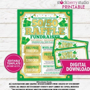 May include: A digital template for a 50/50 raffle fundraiser, featuring a green and gold design. The template includes the text "50/50 Raffle Fundraiser" and prize amounts. It offers a digital download and editable template access.