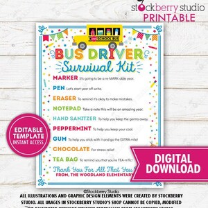 Bus Driver Survival Kit Printable Thank You Appreciation Week National Bus Driver Gift Idea School Staff PTO PTA Template Editable Digital