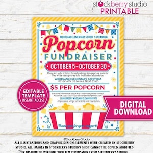 Popcorn Fundraiser Flyer Printable School PTO PTA Community Church Nonprofit Charity Event Invite Editable Template Digital Download
