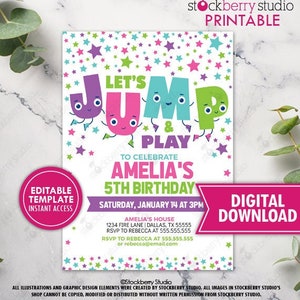 May include: Printable invitation for a 5th birthday party with a "Let's Jump and Play" theme. The invitation features a colorful design with cartoon letters and stars. The text on the invitation reads "Let's Jump and Play" to celebrate Amelia's 5th Birthday. The invitation includes the date, time, and location of the party.
