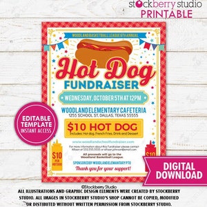 Hot Dog Fundraiser Flyer Printable Template BBQ Benefit Dinner Grill Out Invitation PTA PTO School Community Event Church Editable Download