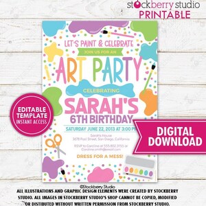 Art Party Birthday Invitation Editable Pastel Rainbow Party Painting Dress for a Mess Art Birthday Invite Paint Party Craft Party Digital image 2