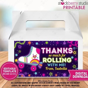 Roller Skate Birthday Favor Box Label Printable Rainbow Glow Roller Skating Party Treat Box Labels Editable Template Instant Download