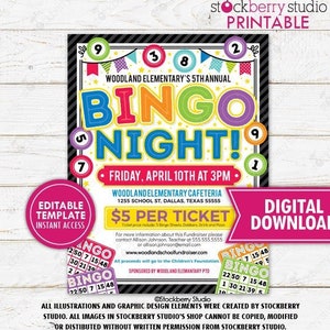 Bingo Night Flyer Fundraiser Community Event Uitnodiging Kerkbedrijf Uitnodigen Familieschool PTA PTO Afdrukbare sjabloon Bewerkbare digitale