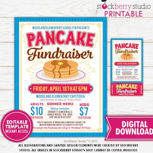 Pancake Breakfast Fundraiser Flyer Ticket PTA PTO School Fundraiser Church Charity Event Invite Template Printable Instant Download Editable Pancake