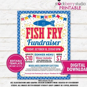 Fish Fry Fundraiser Flyer Printable School PTO PTA Community Church Nonprofit Charity Event Invite Editable Template Digital Download