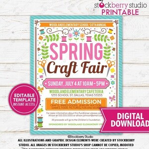 May include: A printable flyer for a Spring Craft Fair at Woodland Elementary School. The flyer is blue and green with pink and white accents. It features a colorful illustration of a spring scene with flowers, leaves, and butterflies. The text on the flyer reads "Spring Craft Fair" and includes the date, time, and location of the event. The flyer also states that admission is free and that all proceeds will go to the Children's Foundation.