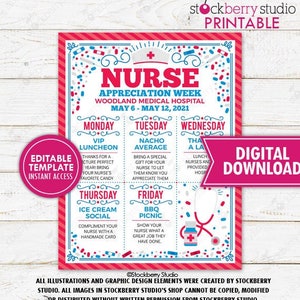 Nurse Appreciation Week Schedule Itinerary Flyer Printable Medical Hospital Event Planner Editable Template Digital Download