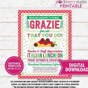 Teacher Staff Appreciation Week Italian Luncheon Invitation Printable Spaghetti Invite Flyer Idea Editable Template Digital Instant Download