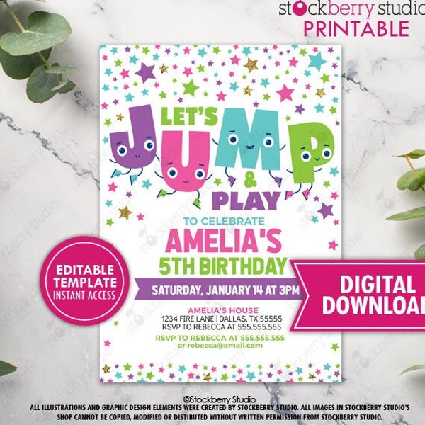 Jump Invitation Printable Trampoline Party Bounce House Party Girl Jump Birthday Invitation Let's Jump Party Invite Printed Editable