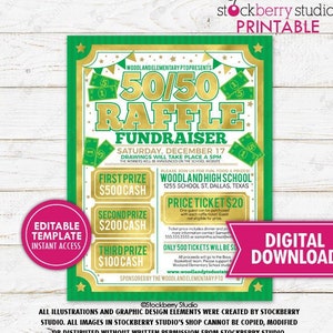 50/50 Raffle Ticket Fundraiser Flyer Printable Cash Split the Pot PTO PTA Sports Church School Community Charity Template Editable