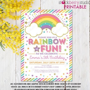 Rainbow Birthday Invitation Printable Pastel Girls Rainbow Party Rainbow Invite Clouds Rainbow of Fun Gold Digital Instant Download Editable