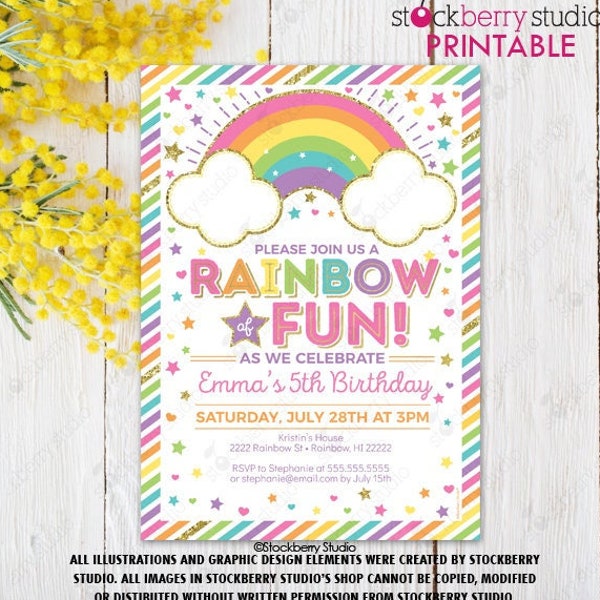Rainbow Birthday Invitation Printable Pastel Girls Rainbow Party Rainbow Invite Clouds Rainbow of Fun Gold Digital Instant Download Editable
