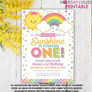 Sunshine Rainbow Birthday Invitation Printable Girl Little Sunshine Girls Rainbow Party Pastel Sun Rainbow Digital Instant Download Template