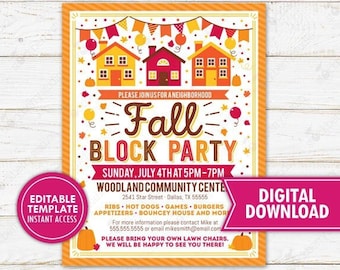 Fall Block Party Flyer Invitation Halloween Neighborhood Festival Church School Community Invite Printable Template Editable Digital