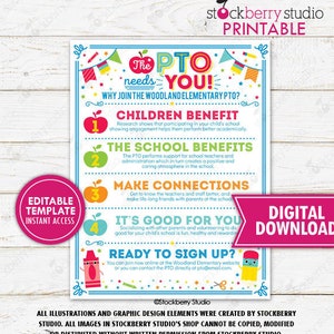 PTO PTA Recruitment Flyer School Fundraiser Event Volunteer PTA Newsletter Handout Meeting Printable Template Editable Digital Download