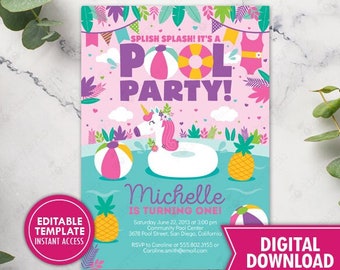 Unicorn Pool Party Invitation Printable Girl Summer Birthday Invite Printed Rainbow Swim Pool Float Invitation Template Editable