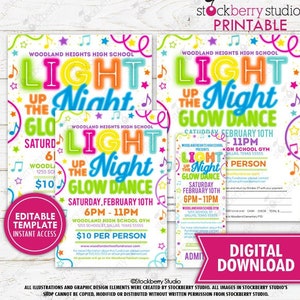 Light Up the Night Glow Dance Flyer Ticket Einladen Set Druckbare Neon Glow High School Tanzveranstaltung PTO PTA Digital Sofortiger Download Bearbeitbar