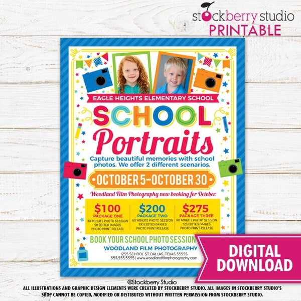 School Picture Day Flyer Kids Photos Printable Business Photography Studio Back to School PTO PTA Graduation Yearbook Editable Template