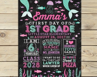 Mermaid First Day of School Chalkboard Sign Girl First Day of School Sign Mermaid Back to School Sign Girl First Day of 1st Grade Printable