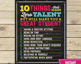 10 things That Require Zero Talent - High School Teacher Poster Printable -  Successful Student - Classroom Management - Classroom Decor