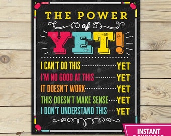 The Power of Yet Poster Printable Motivational Wall Art Growth Mindset Poster Instant download Teacher Classroom Decor