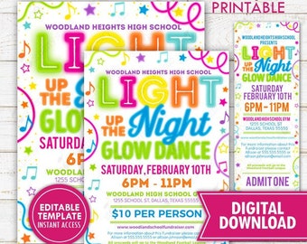 Light Up the Night Glow Dance Flyer Ticket Invite Set Printable Neon Glow High School Dance Event PTO PTA Digital Instant Download Editable