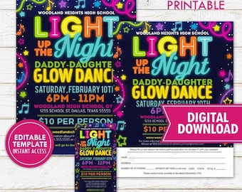 Light Up the Night Daddy Daughter Neon Glow Dance Flyer Ticket Invite Set Printable School PTO PTA Event Digital Instant Download Editable