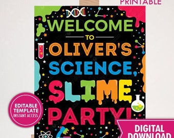 Science Birthday Sign Printable Science Slime Party Sign Welcome Scientist Template Editable Digital Instant Download