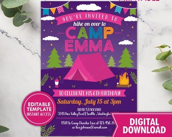 Camping Birthday Invitation Girl Printable Camp Birthday Invite Printed Glamping Party Sleepover Outdoor Backyard Campfire Digital Download