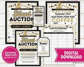 Silent Auction Fundraiser Flyer Ticket Set Black Tie Gala School PTO PTA Fundraising Signs Church Nonprofit Charity Event Editable Template