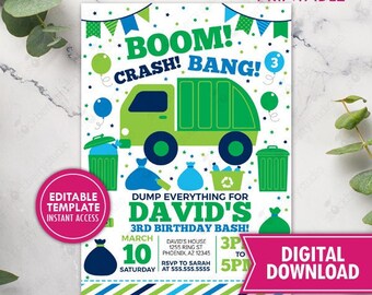 Garbage Truck Invitation Printable Recycle Garbage Truck Birthday Invitation Trash Truck Invite Printed Invitation Digital Download