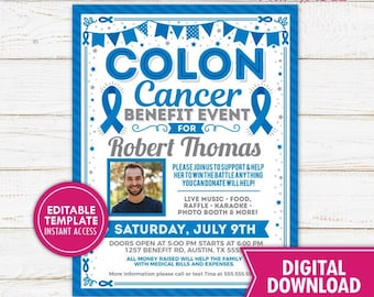 Colon Cancer Benefit Fundraiser Flyer Printable Colorectal Cancer Blue Ribbon Charity Church donation Event Poster Editable Template Digital