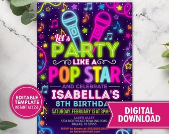Pop Star Birthday Invitation Girl Neon Glow in the Dark Music Party Rainbow Girls Musical Singing Invite Printed Download Editable Template