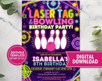 Girl Laser Tag Bowling Birthday Party Invitation Printable Rainbow Glow Arcade Games Invite Girls Printed Digital Download Editable Template