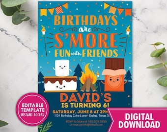 May include: A blue and orange printable birthday invitation with a campfire and s'mores theme. The text reads "Birthdays are S'more Fun with Friends" and "David's is turning 6!"
