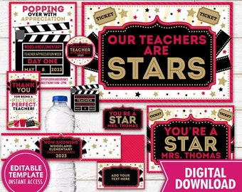 Teacher Appreciation Week Hollywood Movie Star Themed Decor Printable Cinema School PTO PTA Event Digital Editable Template Instant Download