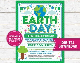 Earth Day Flyer Printable Green Fair School Fundraiser Save the Planet PTO PTA Benefit Event Invite Editable Template Digital Download