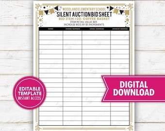 Silent Auction Fundraiser Bidding Form Printable Bid Sheet School PTO PTA Church Nonprofit Fundraising Charity Event Editable Template