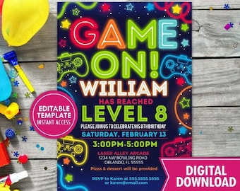 Video Game Birthday Invitation Printable Neon Glow Boy Gamer Party Invite Printed Level Up Game On Editable Digital Download Template