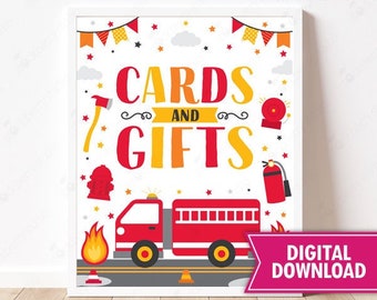 Firetruck Party Cards and Gifts Table Sign Printable Fireman Food & Drinks Station Poster Decor Fire Truck Decorations Instant Download