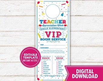 Teacher VIP Room Service Door Hanger Printable Staff and Teacher Appreciation Ideas School PTO PTA Thank You Tags Editable Instant Download