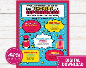 Superhero Teacher Appreciation Week Schedule Itinerary Flyer Printable Staff Employee School Newsletter PTO PTA Event Editable Template