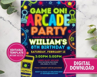 Arcade Party Birthday Invitation Printable Boy Neon Glow Video Gaming Party Gamer Invite Printed Games Party Editable Digital Download