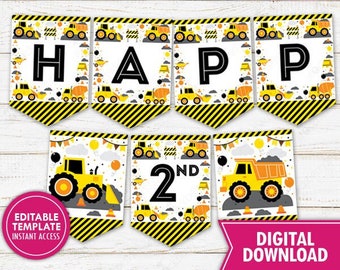 May include: A printable banner set with the word "HAPPY" and "2nd" on construction-themed pennants. The design features yellow construction vehicles, black and yellow hazard stripes, and the text "EDITABLE TEMPLATE INSTANT ACCESS" and "DIGITAL DOWNLOAD".
