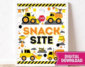 May include: Printable sign with a construction theme. It features yellow construction vehicles, black and yellow striped caution tape, and the words "Snack Site".