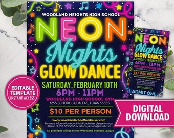 Neon Nights Glow Dance Flyer Ticket Set Printable High School Party Invite Church Community Event PTO PTA Digital Download Template
