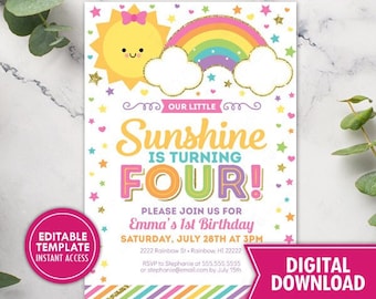 Sunshine Rainbow 4th Birthday Invitation Printable Girl Little Sunshine Rainbow Party Pastel Sun Rainbow Digital Instant Download Template