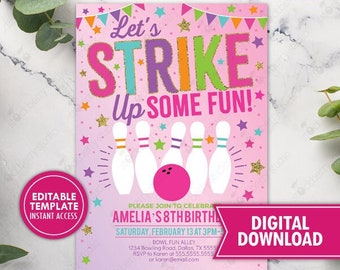 Girl Bowling Birthday Invitation Printable Pink Bowling Party Invitation Strike Up Some Fun Printed Invite or Digital Download Editable