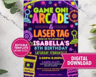 Glow Arcade and Laser Tag Birthday Party Invitation Printed Girls Neon Rainbow Girl Arcade Games Invite Digital Download Editable Template